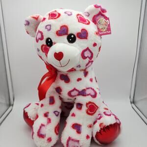 Scented Teddy Bear Plush 17" Pink Red Hearts Sewn Eyes Shiny Feet Stuffed Toy